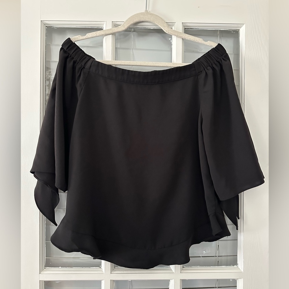 Olivia Grey Women’s M Off Shoulder Tie Sleeve Black Top Blouse | SKU 0548
